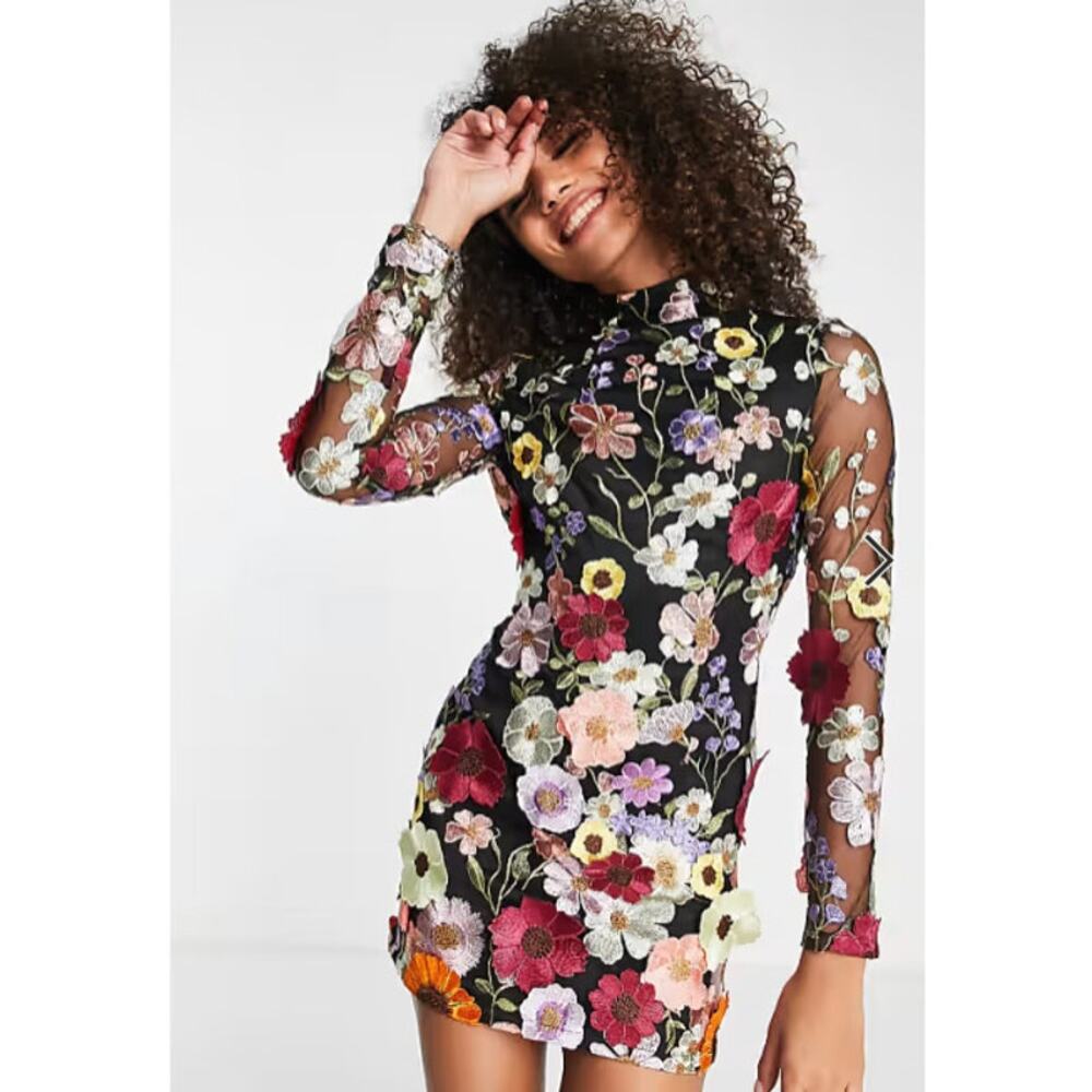 AMY LYNN backless mini dress in black based floral embroidery Medium M